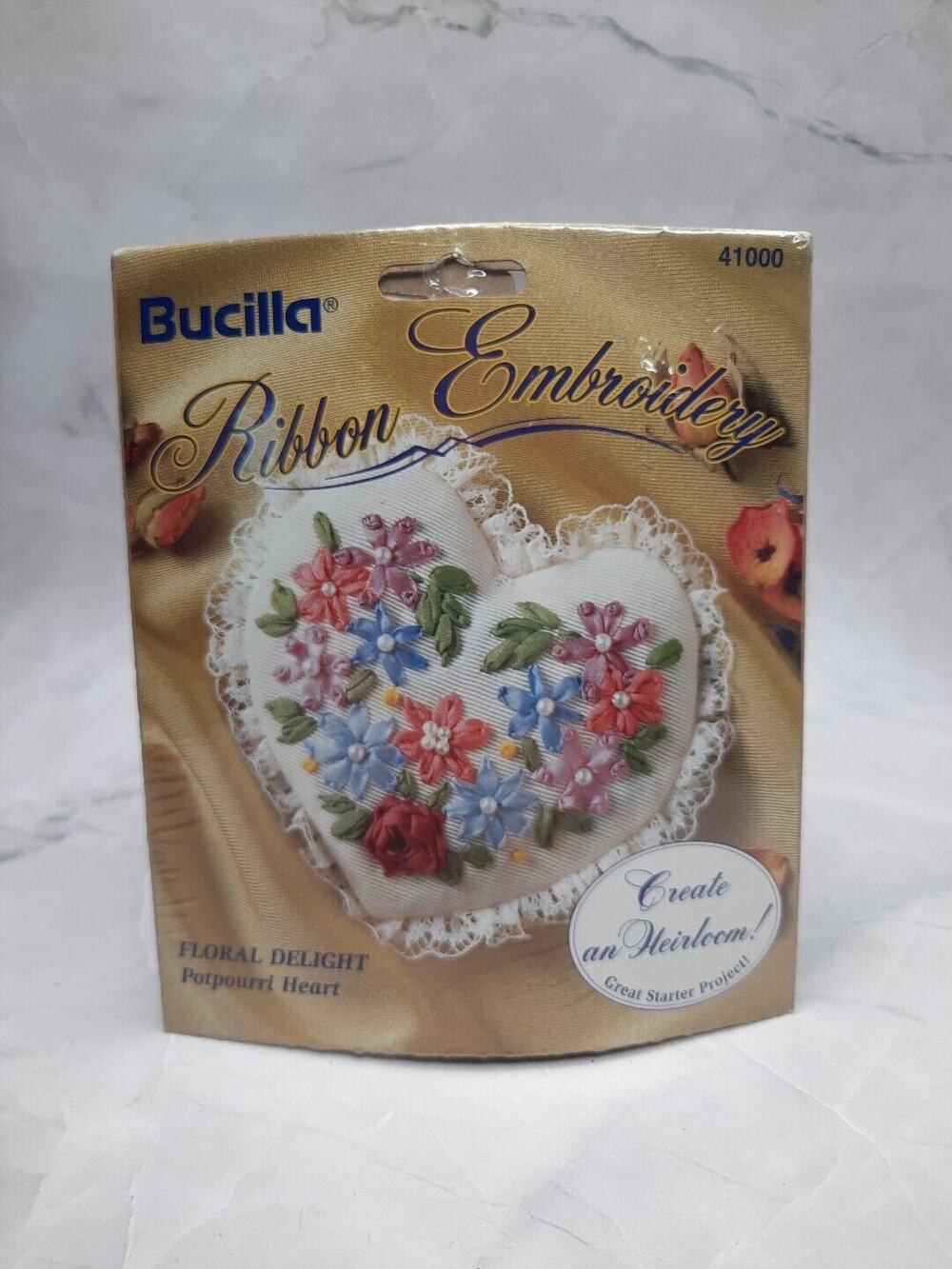 Vintage Bucilla Ribbon Embroidery Kit Floral Delight Potpourri Heart 41000 3x3
